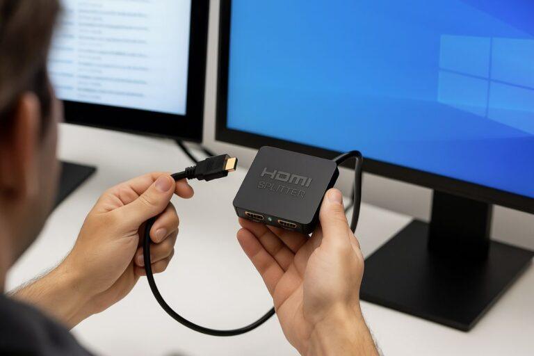 a person holding an hdmi splitter for dual monitors in his hands