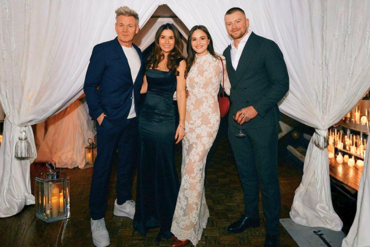adam peaty family - adam peaty standing with father-in-law gordon ramsay, mother-in-law tana ramsay and wife holly ramsay