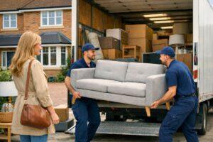a girl overseeing the furniture delivery men taking out her sofa from the delivery truck
