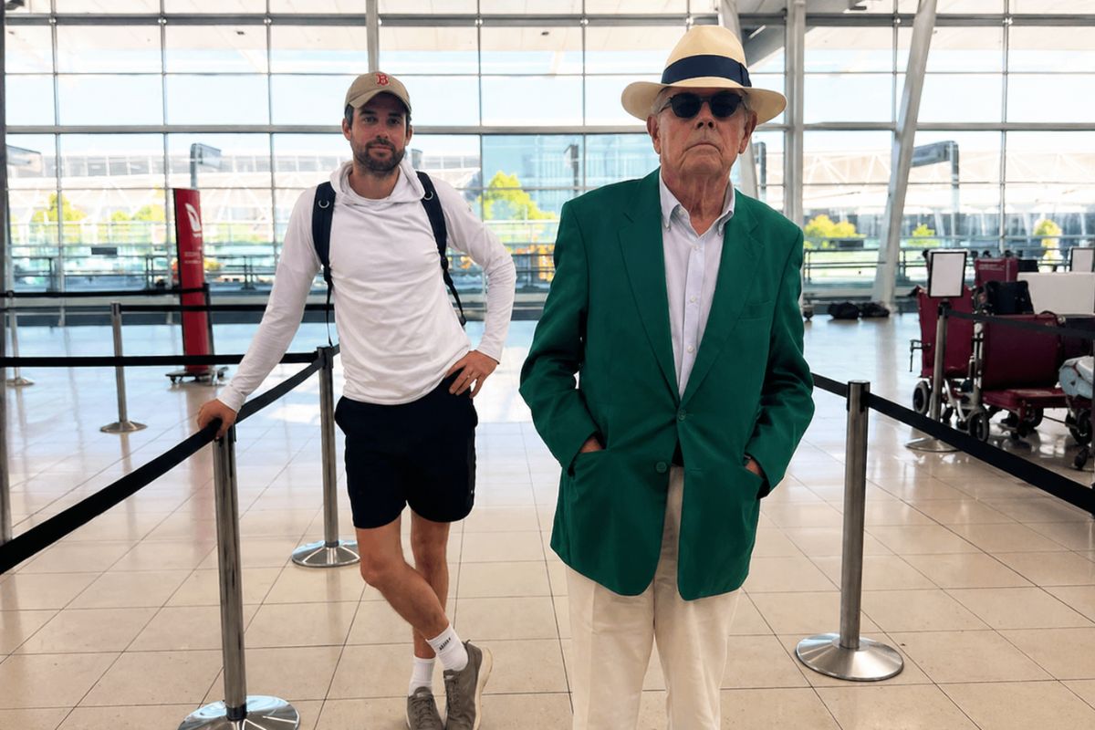 hilary gish husband michael whitehall and son jack whitehall standing at airport