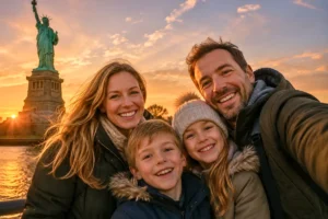 a family taking a photo in front of statue of liberty in new york